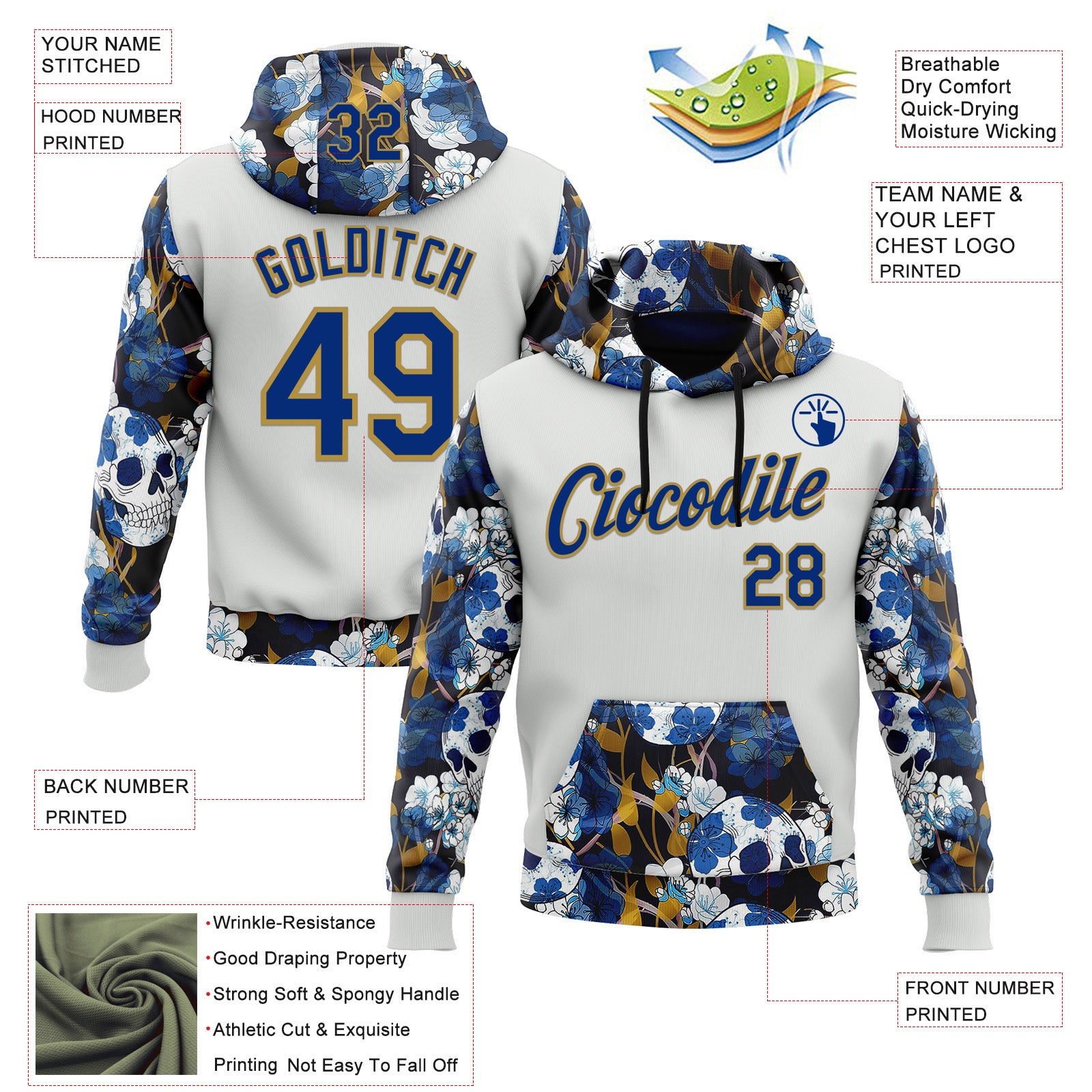 Custom White Royal-Old Gold 3D Skull Floral Sports Pullover Sweatshirt Hoodie