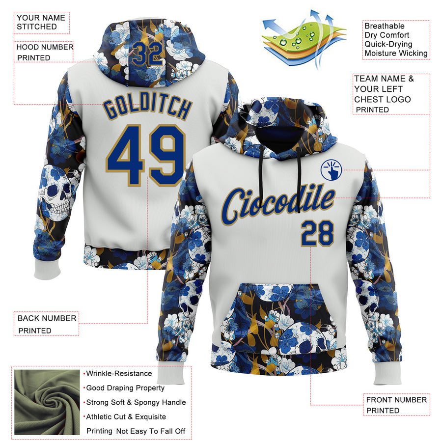 Custom White Royal-Old Gold 3D Skull Floral Sports Pullover Sweatshirt Hoodie