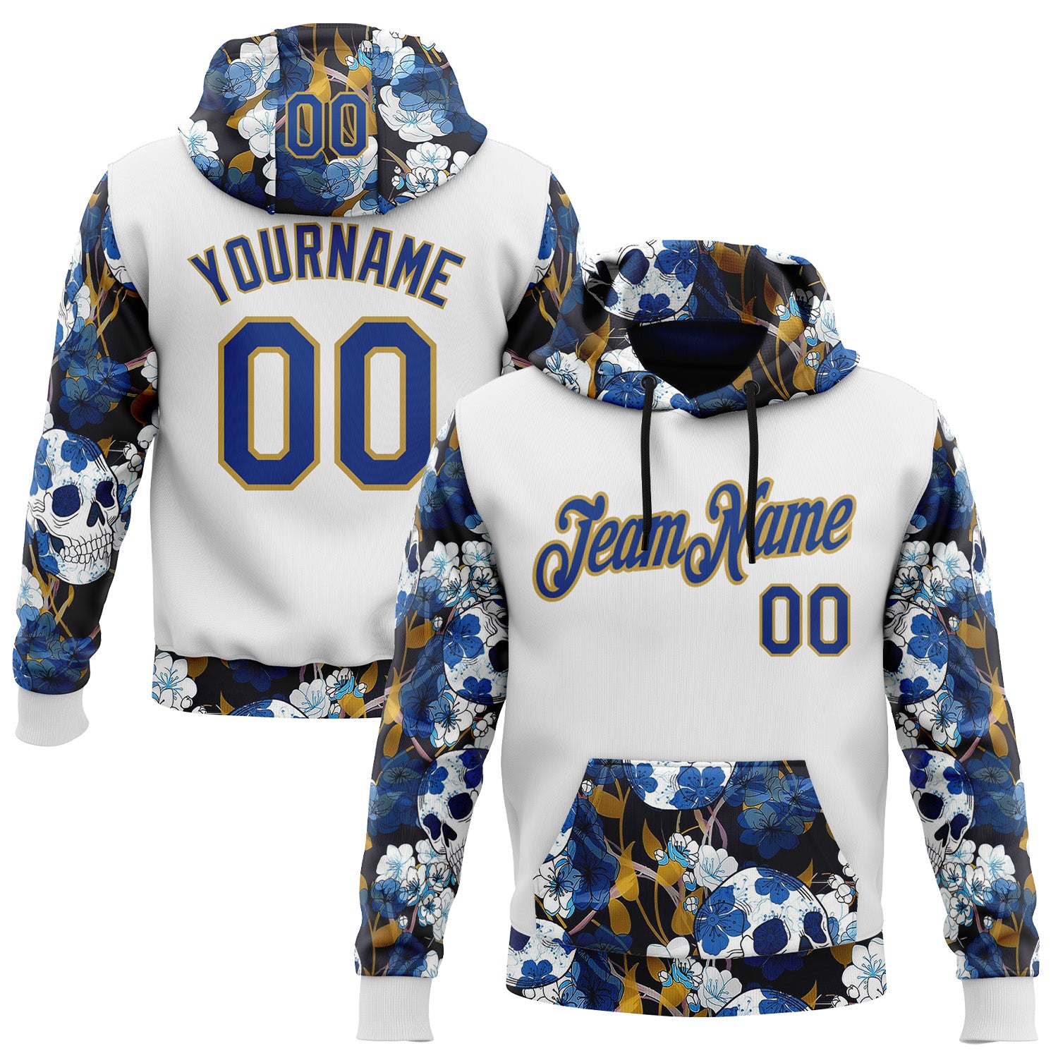 Custom White Royal-Old Gold 3D Skull Floral Sports Pullover Sweatshirt Hoodie