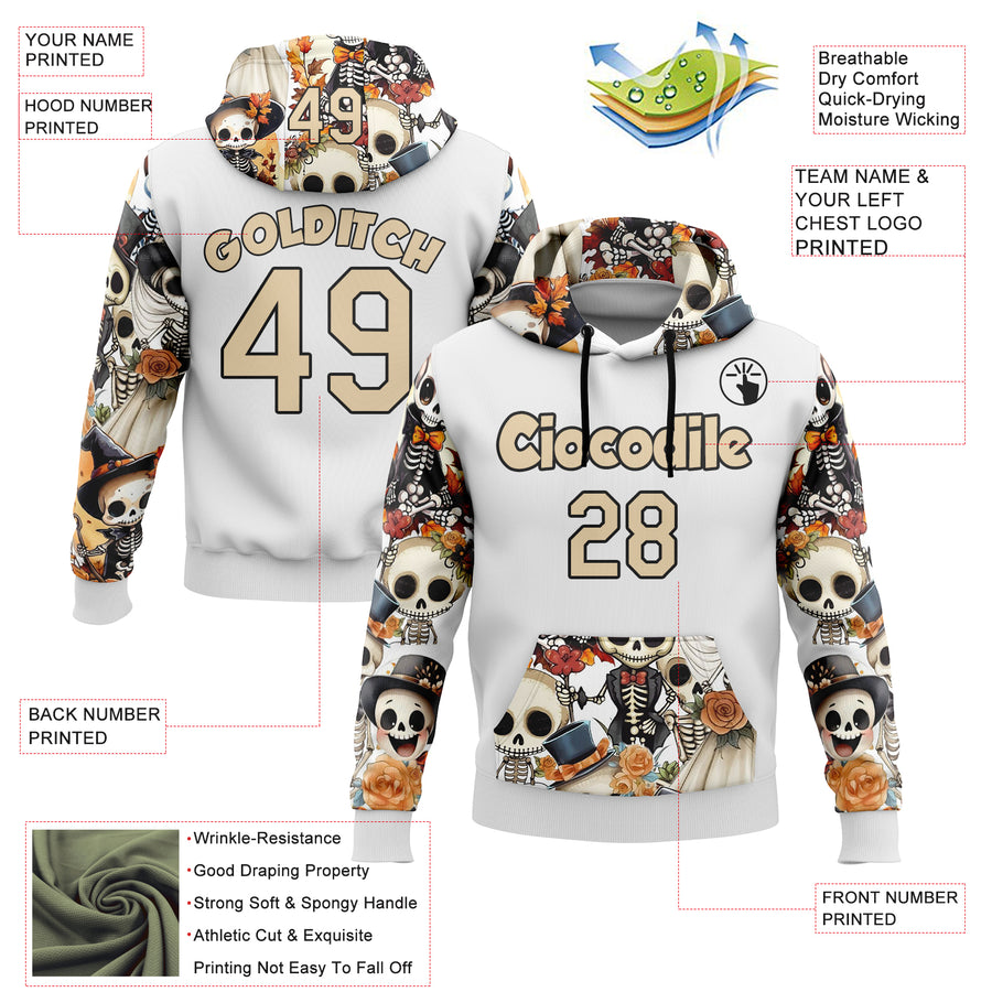 Custom White City Cream-Black 3D Skull Wedding Sports Pullover Sweatshirt Hoodie