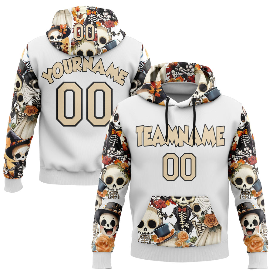 Custom White City Cream-Black 3D Skull Wedding Sports Pullover Sweatshirt Hoodie