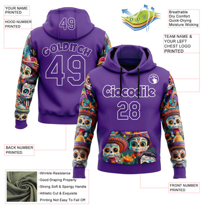 Custom Purple White 3D Skull Calavera Day Of The Dead Dia de los Muertos Sports Pullover Sweatshirt Hoodie