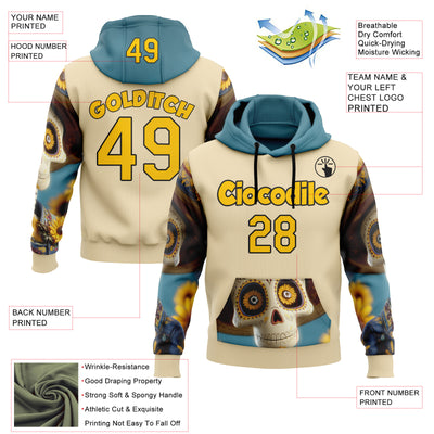 Custom Cream Yellow-Black 3D Skull Sunflower Calavera Day Of The Dead Dia de los Muertos Sports Pullover Sweatshirt Hoodie