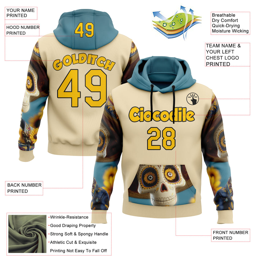 Custom Cream Yellow-Black 3D Skull Sunflower Calavera Day Of The Dead Dia de los Muertos Sports Pullover Sweatshirt Hoodie