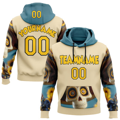 Custom Cream Yellow-Black 3D Skull Sunflower Calavera Day Of The Dead Dia de los Muertos Sports Pullover Sweatshirt Hoodie