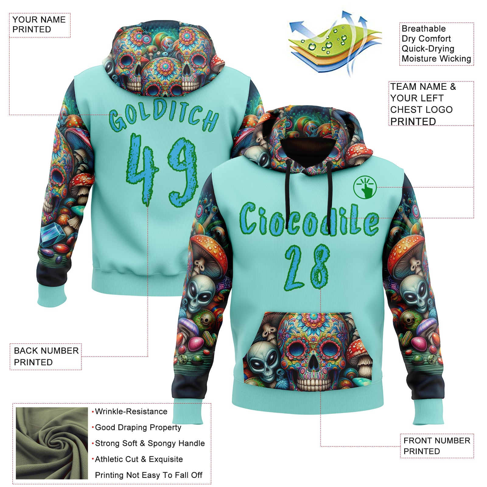 Custom Ice Blue Sky Blue-Grass Green 3D Skull Psychedelic Alien Sports Pullover Sweatshirt Hoodie