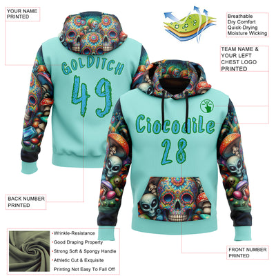 Custom Ice Blue Sky Blue-Grass Green 3D Skull Psychedelic Alien Sports Pullover Sweatshirt Hoodie