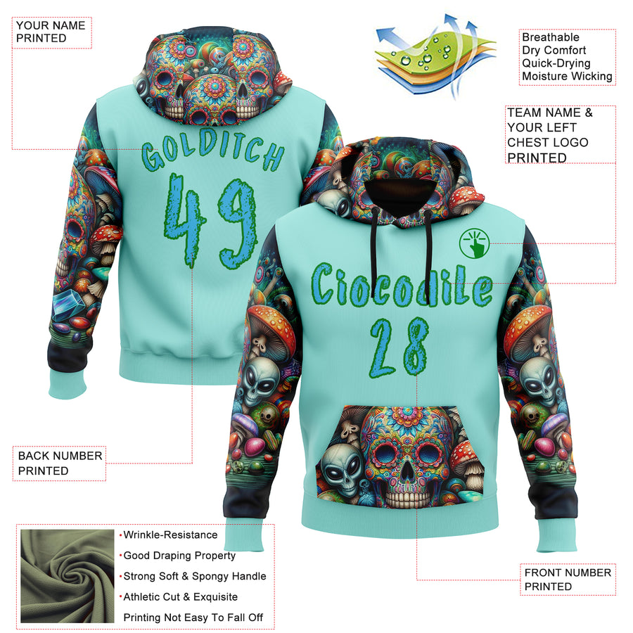 Custom Ice Blue Sky Blue-Grass Green 3D Skull Psychedelic Alien Sports Pullover Sweatshirt Hoodie