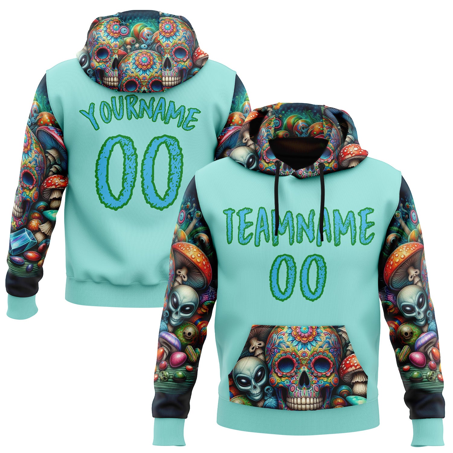 Custom Ice Blue Sky Blue-Grass Green 3D Skull Psychedelic Alien Sports Pullover Sweatshirt Hoodie