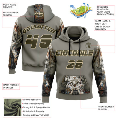 Custom Gray Olive-City Cream 3D Skull Tattoo Sports Pullover Sweatshirt Hoodie