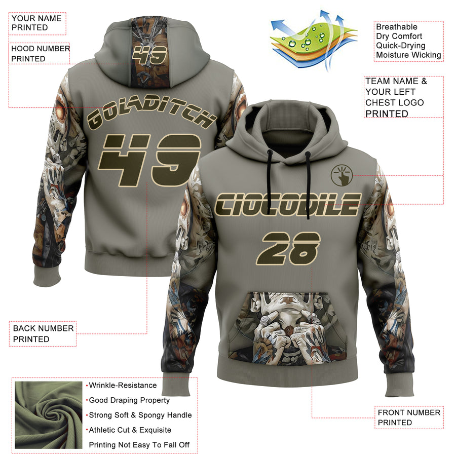 Custom Gray Olive-City Cream 3D Skull Tattoo Sports Pullover Sweatshirt Hoodie