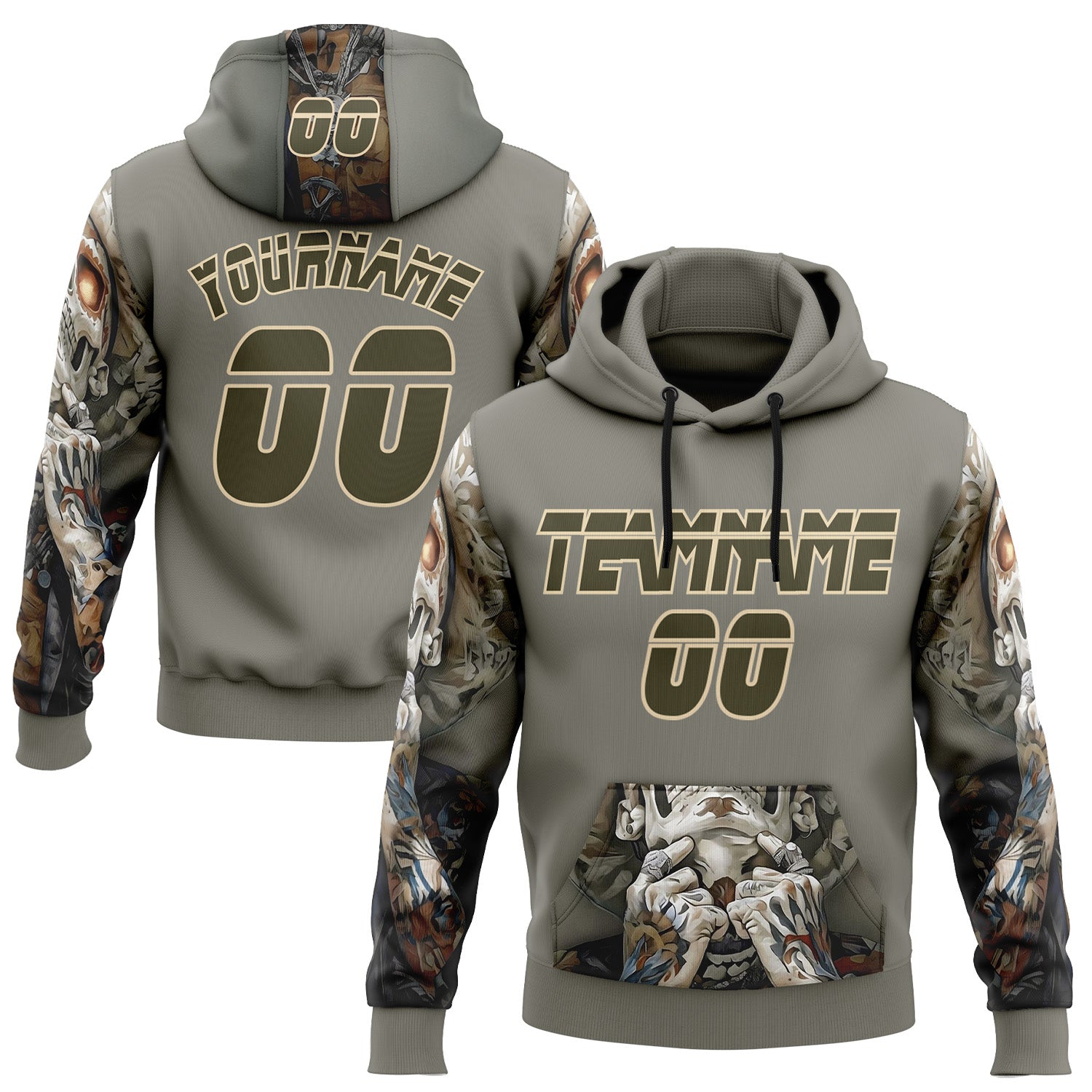Custom Gray Olive-City Cream 3D Skull Tattoo Sports Pullover Sweatshirt Hoodie