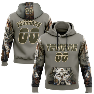 Custom Gray Olive-City Cream 3D Skull Tattoo Sports Pullover Sweatshirt Hoodie