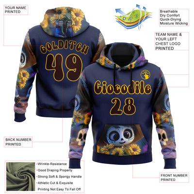 Custom Blue Brown-Yellow 3D Skull Sunflower Day Of The Dead Dia de los Muertos Sports Pullover Sweatshirt Hoodie