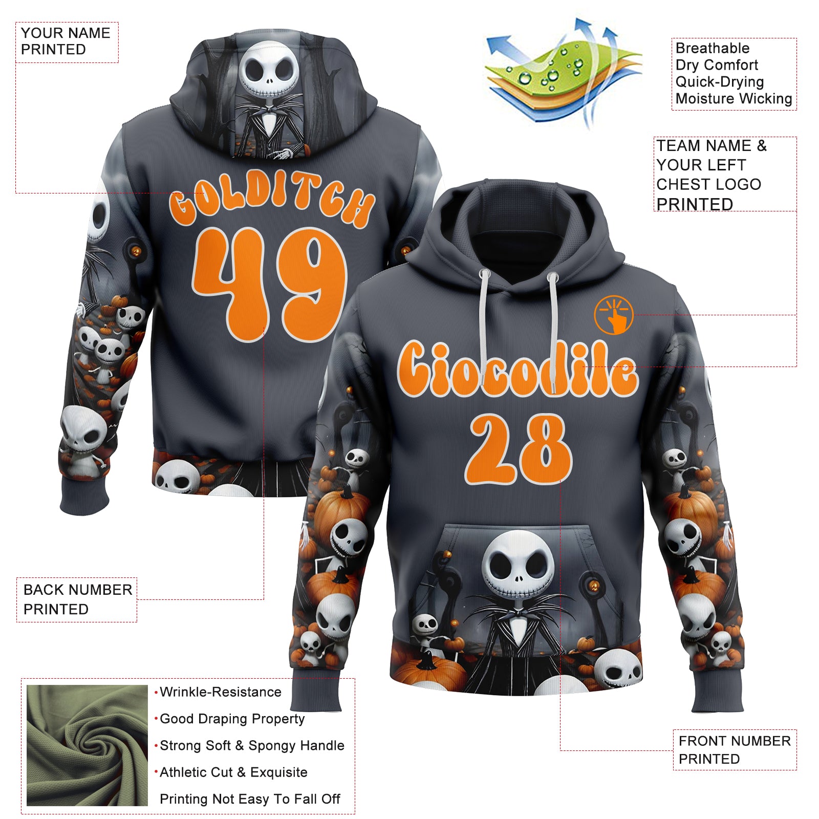 Custom Gray Bay Orange-White 3D Skull Halloween Pumpkin Sports Pullover Sweatshirt Hoodie