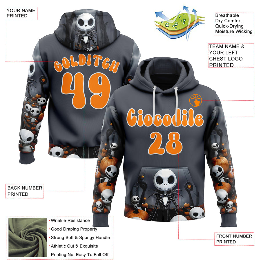Custom Gray Bay Orange-White 3D Skull Halloween Pumpkin Sports Pullover Sweatshirt Hoodie