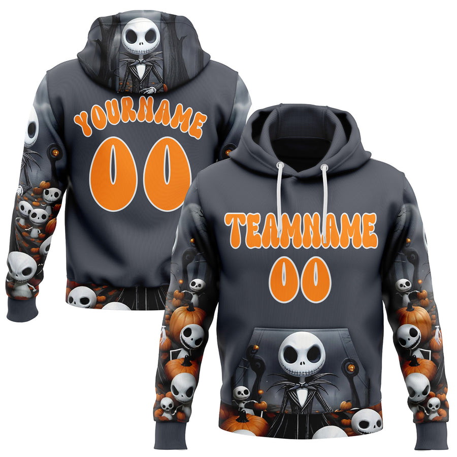 Custom Gray Bay Orange-White 3D Skull Halloween Pumpkin Sports Pullover Sweatshirt Hoodie