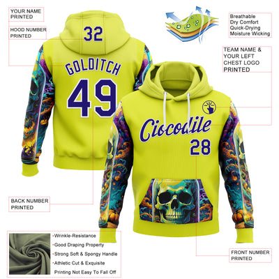 Custom Neon Yellow Dark Purple-White 3D Skull Psychedelic Sports Pullover Sweatshirt Hoodie
