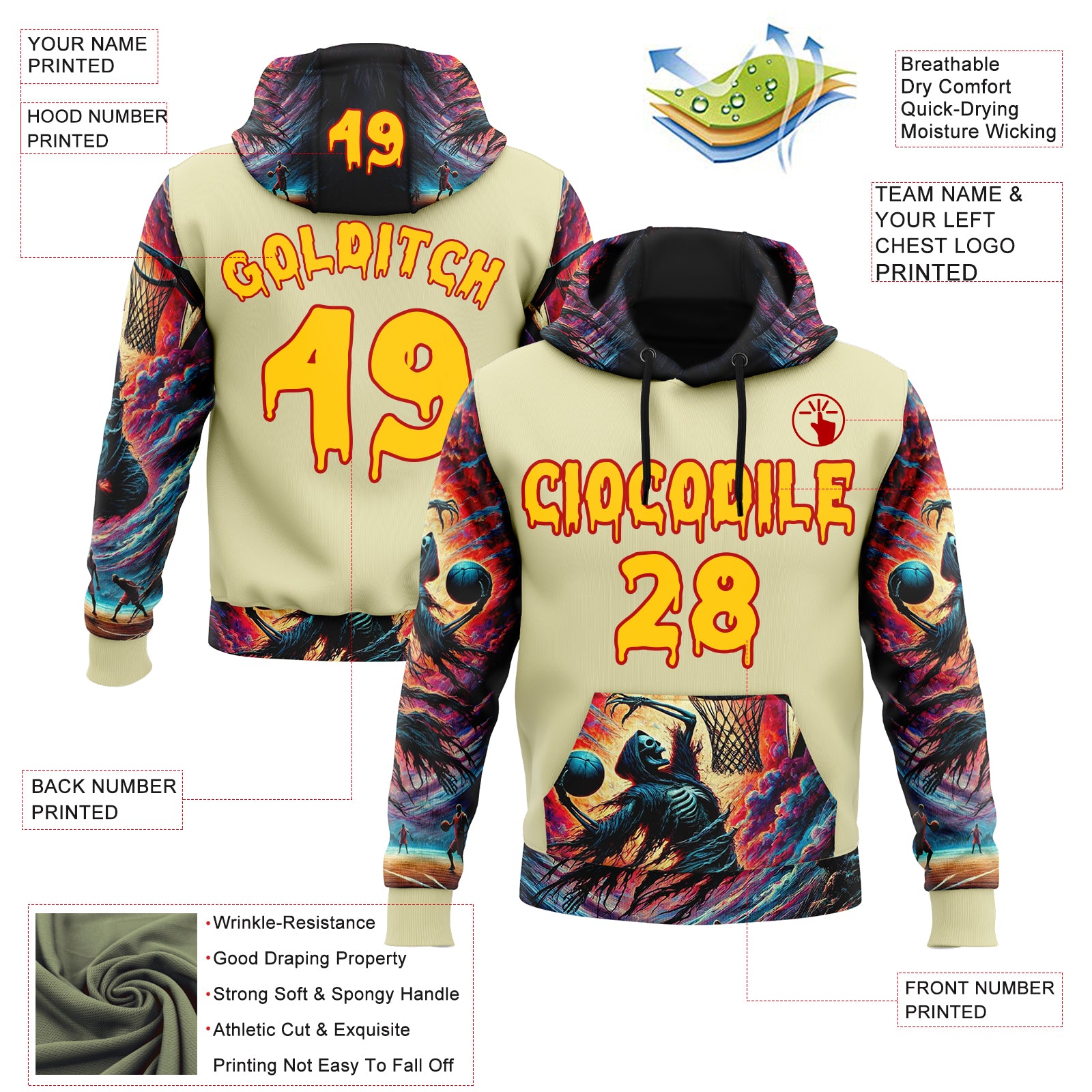 Custom Yellow Red 3D Skull Basketball Player Sports Pullover Sweatshirt Hoodie
