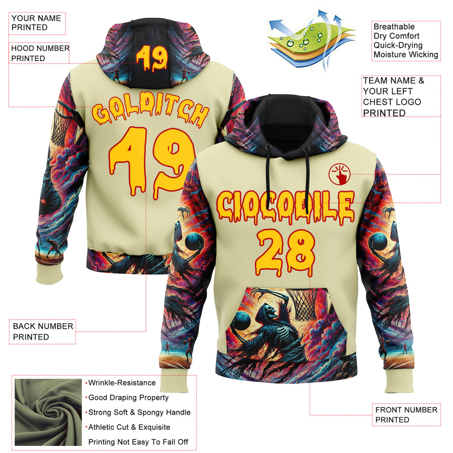 Custom Yellow Red 3D Skull Basketball Player Sports Pullover Sweatshirt Hoodie