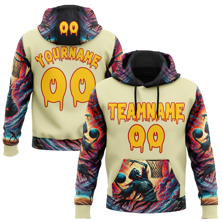 Custom Yellow Red 3D Skull Basketball Player Sports Pullover Sweatshirt Hoodie