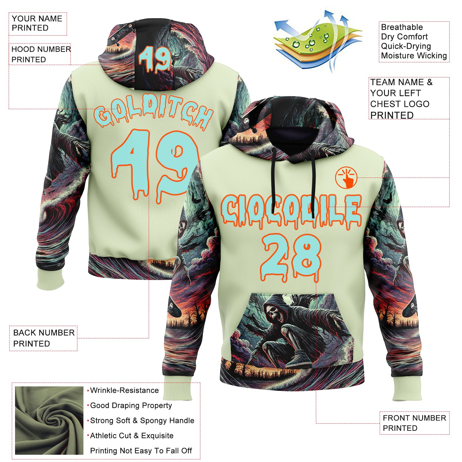 Custom Green Ice Blue-Orange 3D Skull Hell Sports Pullover Sweatshirt Hoodie