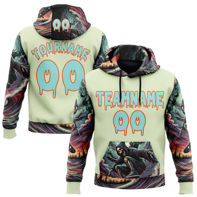 Custom Green Ice Blue-Orange 3D Skull Hell Sports Pullover Sweatshirt Hoodie