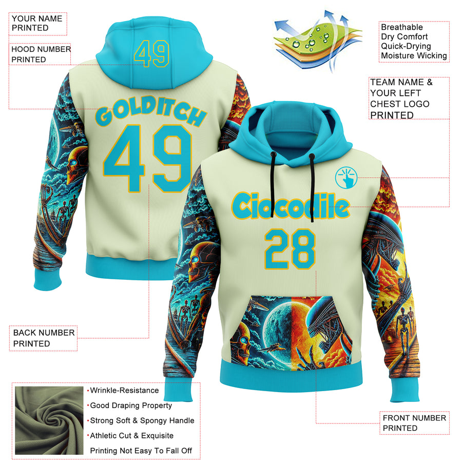 Custom Green Lakes Blue-Yellow 3D Skull Alien Sports Pullover Sweatshirt Hoodie