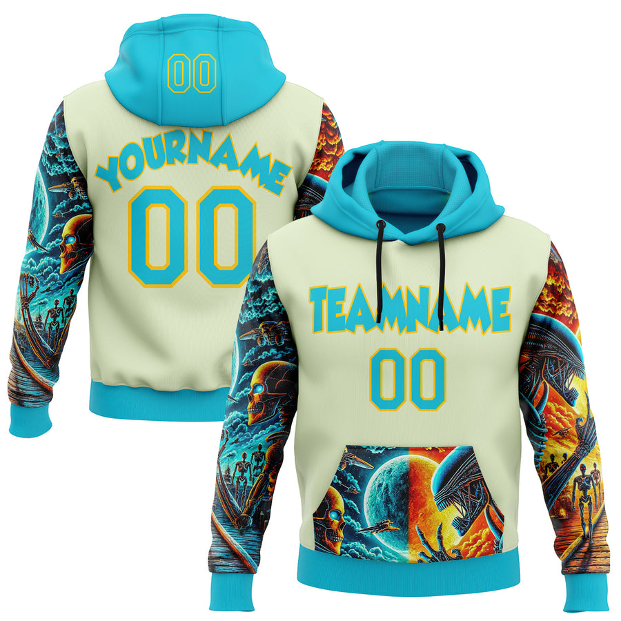 Custom Green Lakes Blue-Yellow 3D Skull Alien Sports Pullover Sweatshirt Hoodie