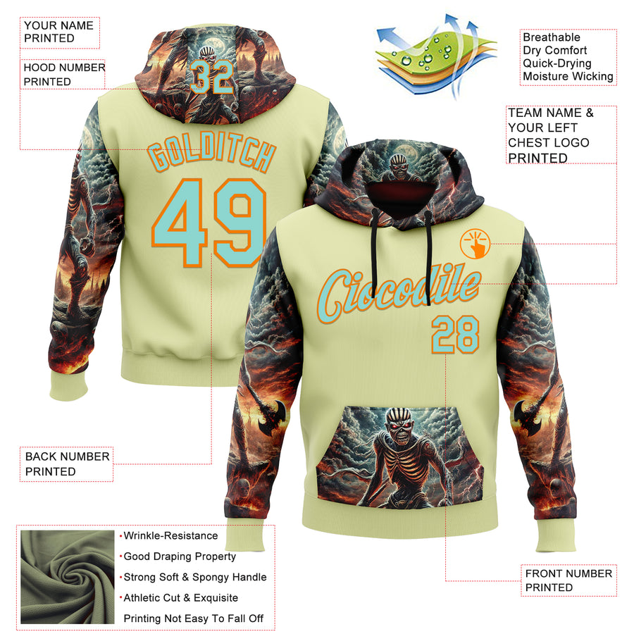 Custom Yellow Ice Blue-Bay Orange 3D Skull Hell Sports Pullover Sweatshirt Hoodie