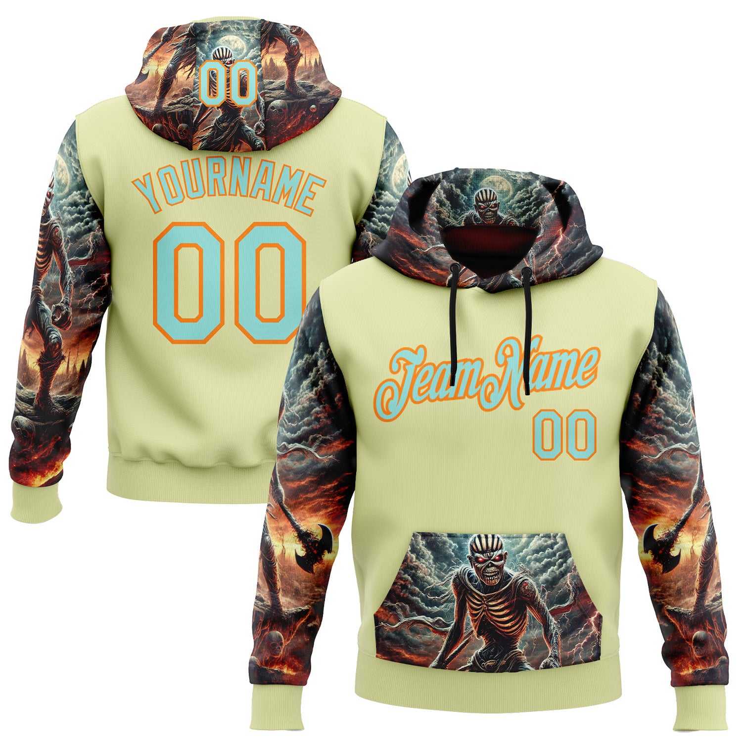 Custom Yellow Ice Blue-Bay Orange 3D Skull Hell Sports Pullover Sweatshirt Hoodie