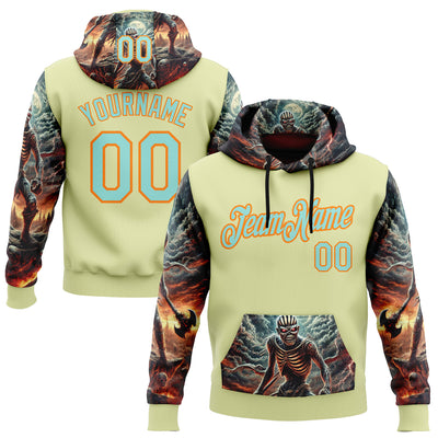 Custom Yellow Ice Blue-Bay Orange 3D Skull Hell Sports Pullover Sweatshirt Hoodie
