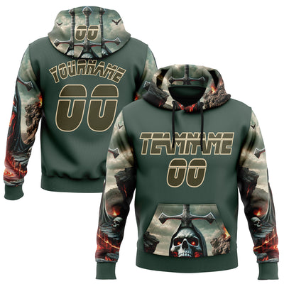 Custom Green Olive-City Cream 3D Skull Hell Cross Sports Pullover Sweatshirt Hoodie