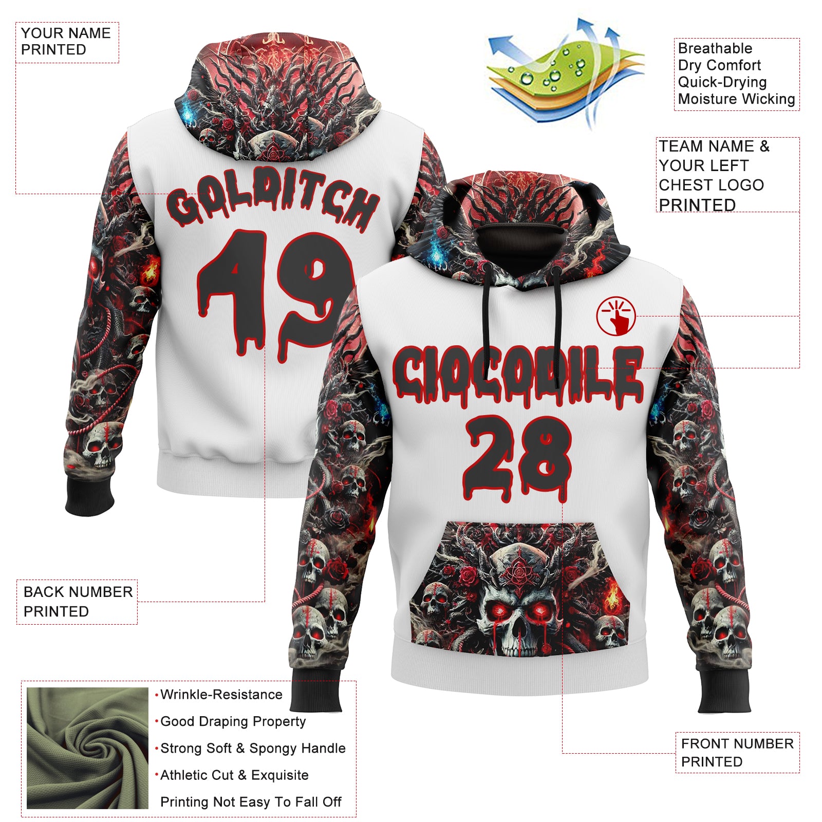 Custom White Black-Red 3D Skull Hell Sports Pullover Sweatshirt Hoodie