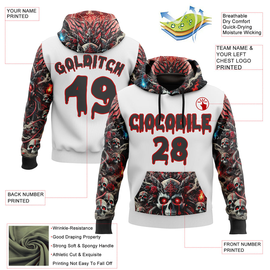 Custom White Black-Red 3D Skull Hell Sports Pullover Sweatshirt Hoodie