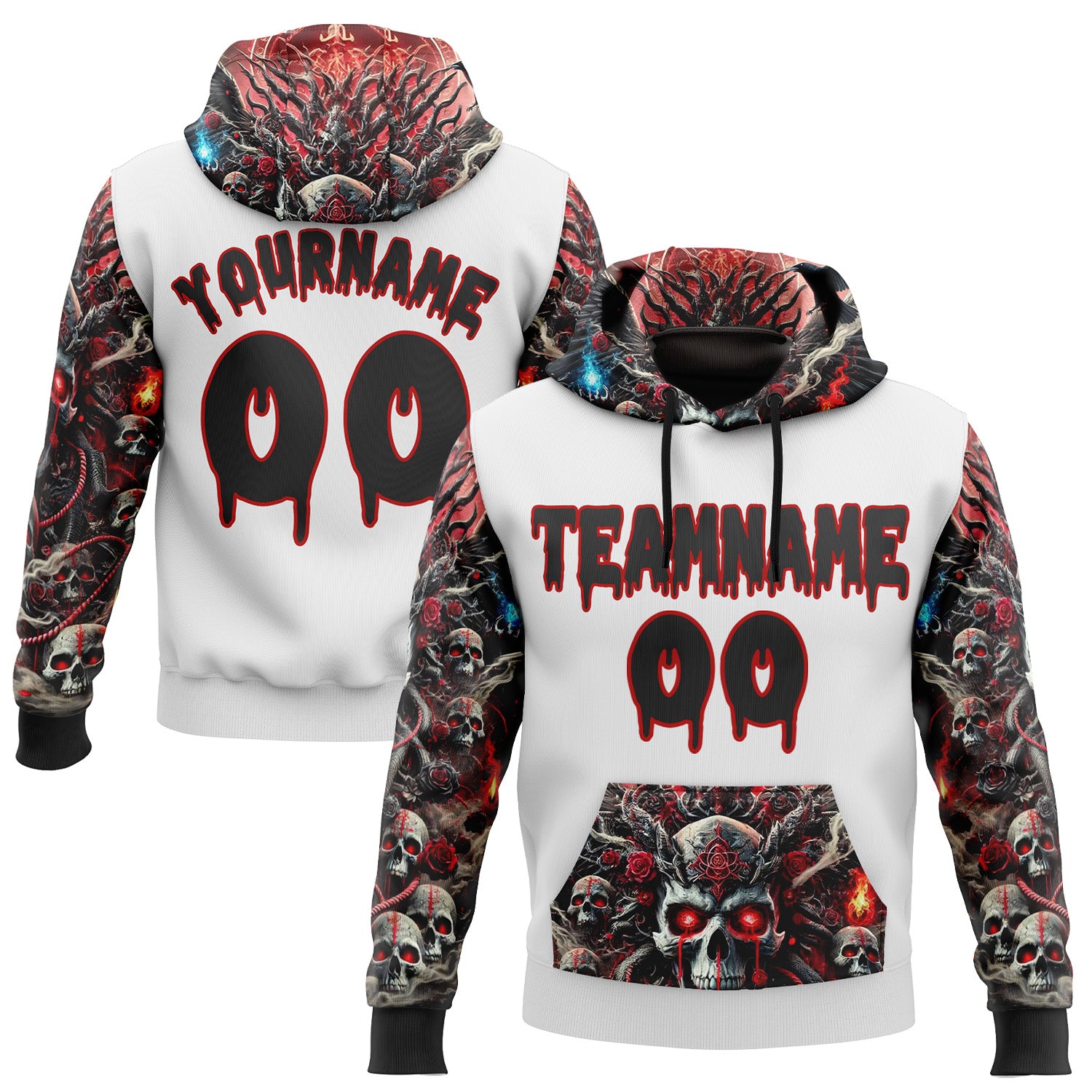 Custom White Black-Red 3D Skull Hell Sports Pullover Sweatshirt Hoodie