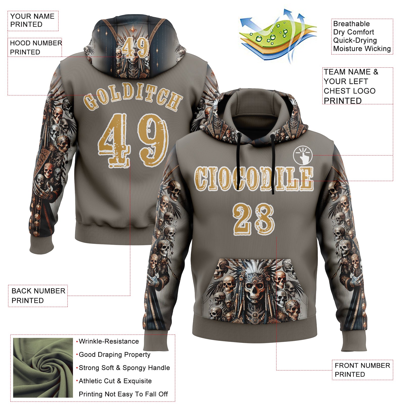 Custom Gray Old Gold-White 3D Skull Chief Sports Pullover Sweatshirt Hoodie