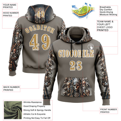Custom Gray Old Gold-White 3D Skull Chief Sports Pullover Sweatshirt Hoodie