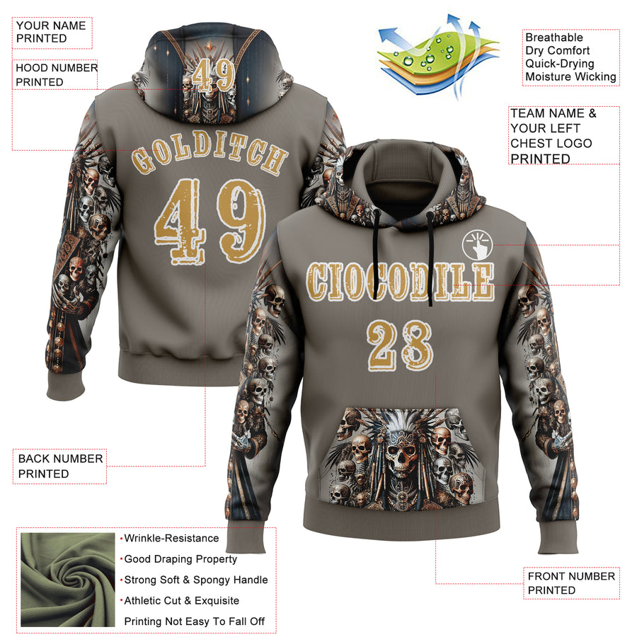 Custom Gray Old Gold-White 3D Skull Chief Sports Pullover Sweatshirt Hoodie