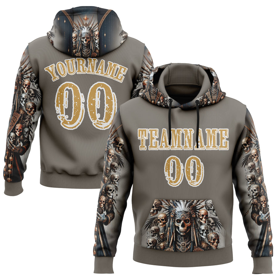 Custom Gray Old Gold-White 3D Skull Chief Sports Pullover Sweatshirt Hoodie