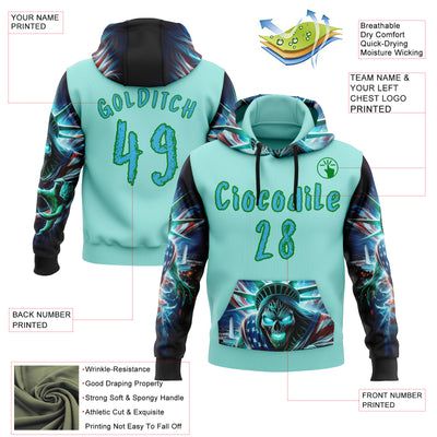 Custom Ice Blue Sky Blue-Grass Green 3D Skull Statue Of Liberty Sports Pullover Sweatshirt Hoodie