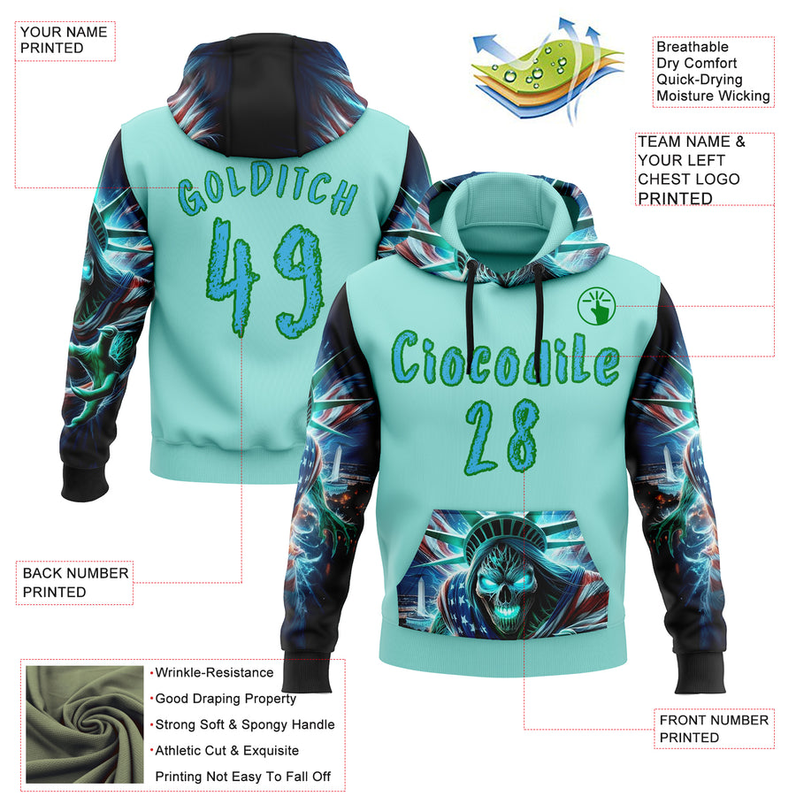 Custom Ice Blue Sky Blue-Grass Green 3D Skull Statue Of Liberty Sports Pullover Sweatshirt Hoodie