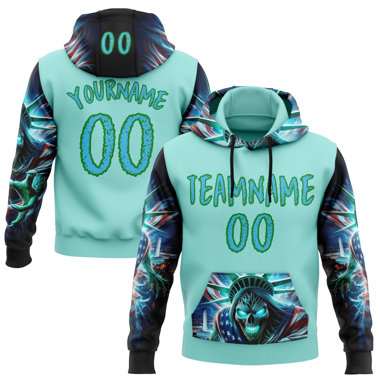 Custom Ice Blue Sky Blue-Grass Green 3D Skull Statue Of Liberty Sports Pullover Sweatshirt Hoodie