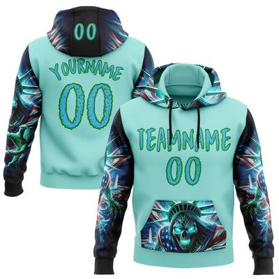 Custom Ice Blue Sky Blue-Grass Green 3D Skull Statue Of Liberty Sports Pullover Sweatshirt Hoodie