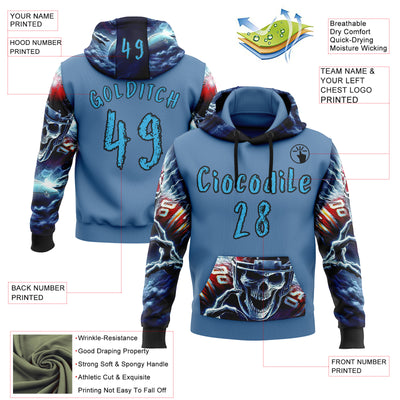 Custom Blue Sky Blue-Black 3D Skull Football Player Sports Pullover Sweatshirt Hoodie