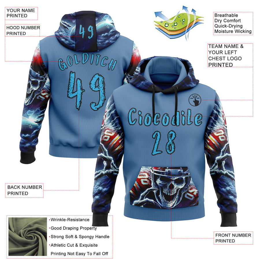 Custom Blue Sky Blue-Black 3D Skull Football Player Sports Pullover Sweatshirt Hoodie
