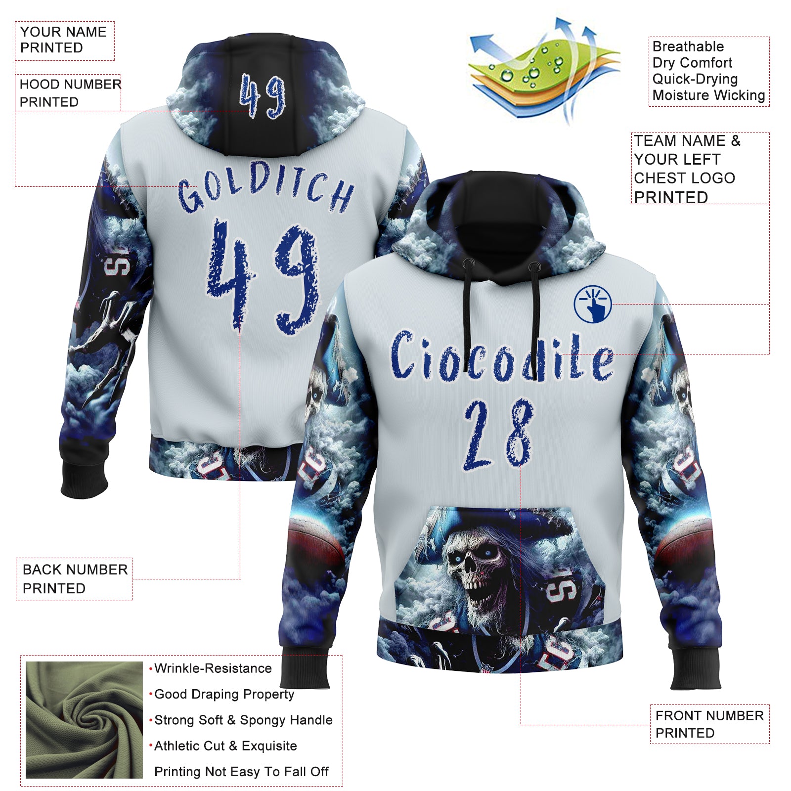 Custom Silver Royal-White 3D Skull Pirate Sports Pullover Sweatshirt Hoodie