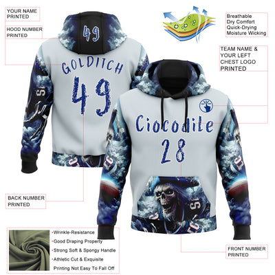 Custom Silver Royal-White 3D Skull Pirate Sports Pullover Sweatshirt Hoodie