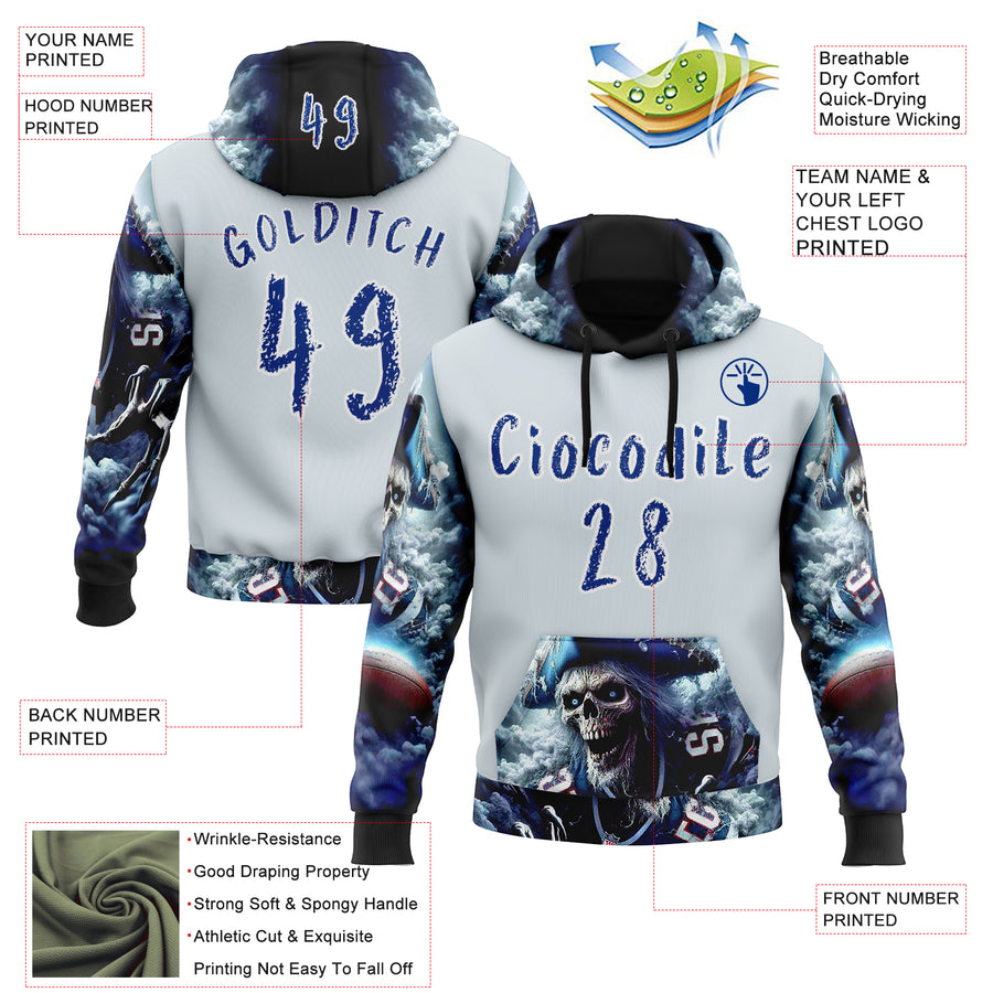 Custom Silver Royal-White 3D Skull Pirate Sports Pullover Sweatshirt Hoodie