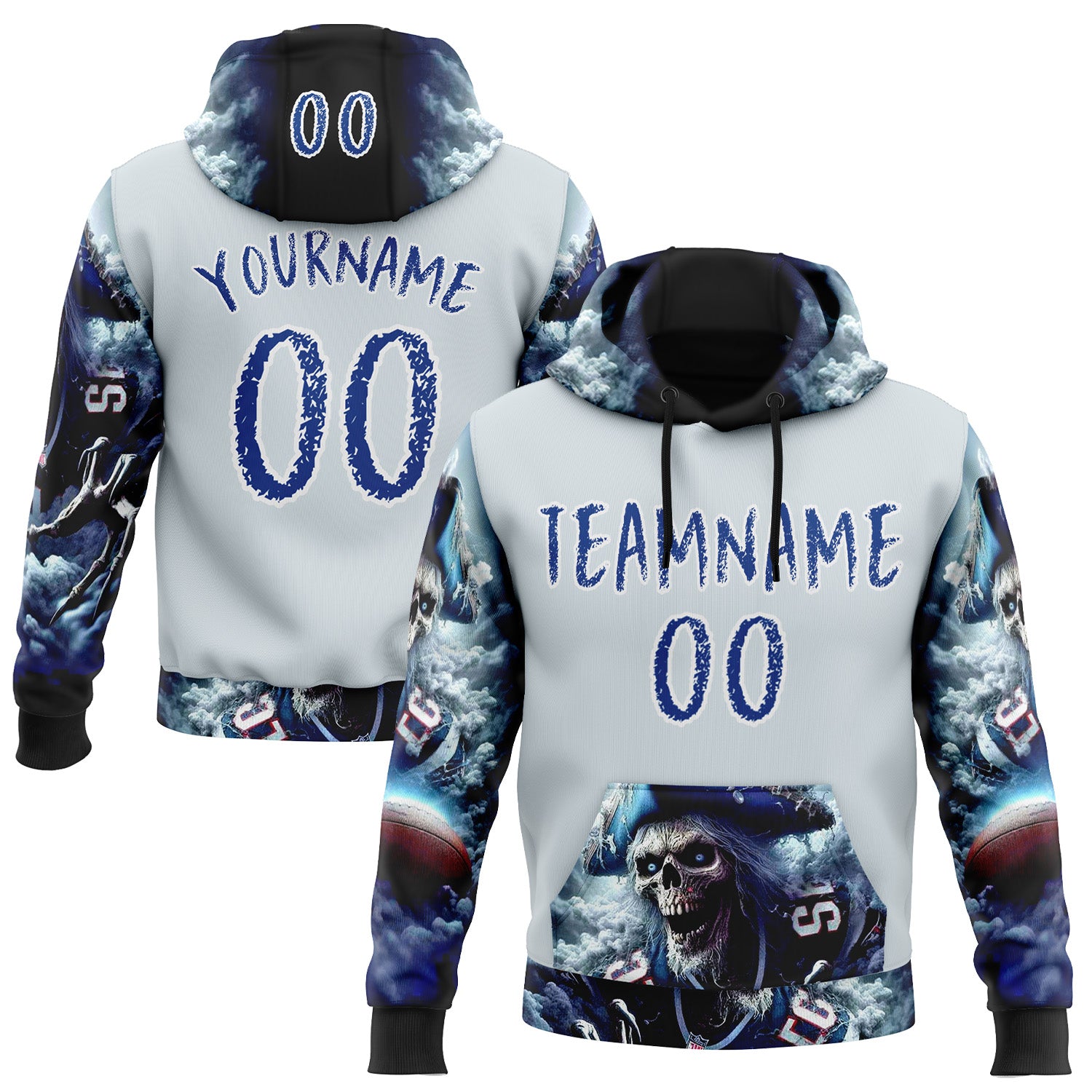 Custom Silver Royal-White 3D Skull Pirate Sports Pullover Sweatshirt Hoodie